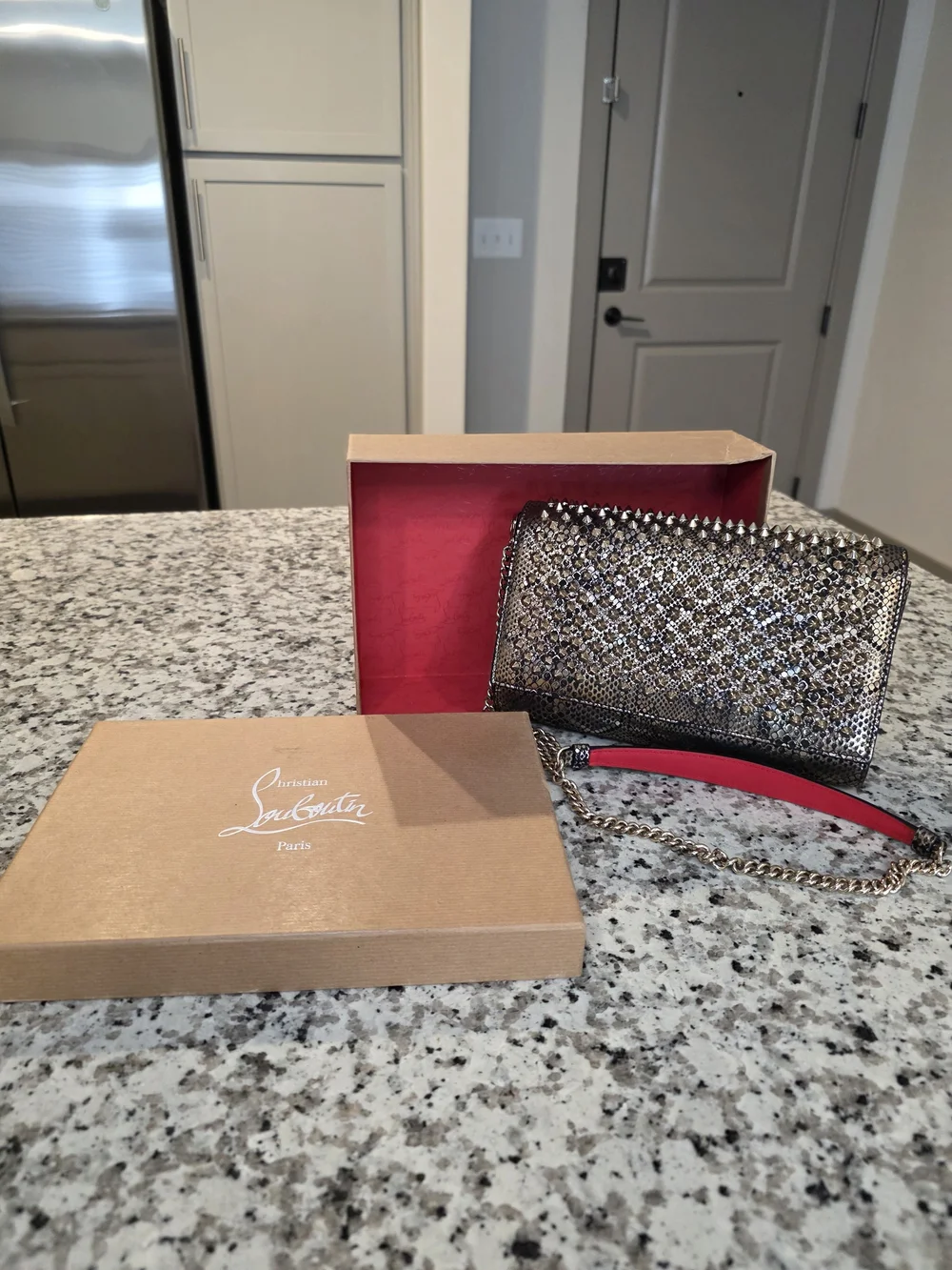 Gold Studded Snake-Texture Clutch with Pink Shoulder Pad